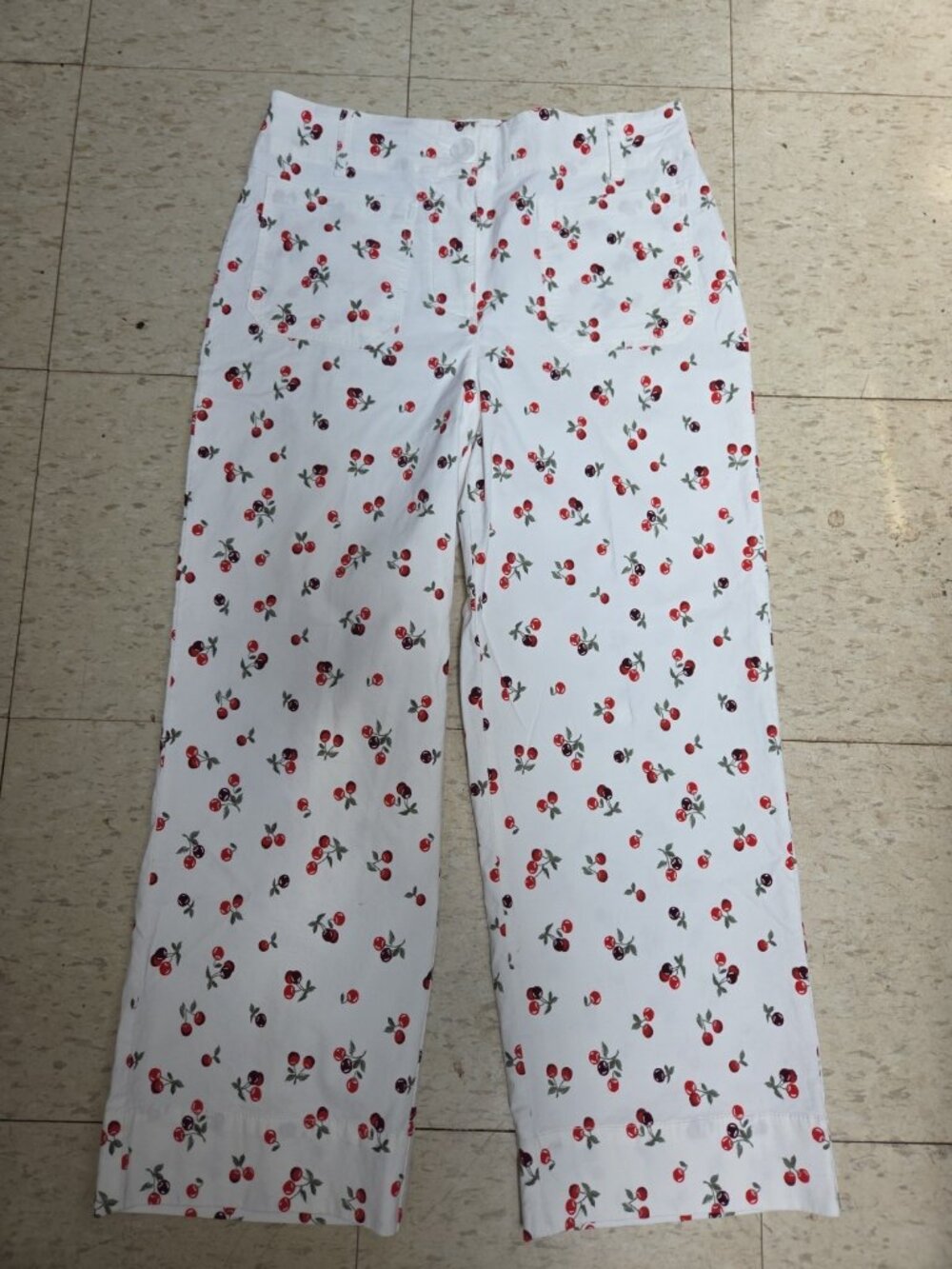 Nicole Miller White Cherry Print Ankle Pants Twee High Waist Stretchy Cute Sz 8